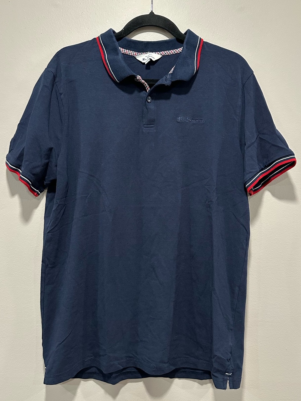 Ben Sherman Navy Blue Tipped Pique Preppy BritPop Polo Shirt - Men's Size L